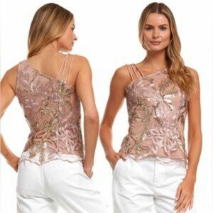 Inner Beauty Rose Gold Asymmetrical Sequined Floral Top Size Large